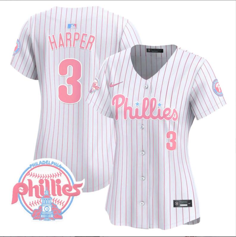 Women Philadelphia Phillies #3 Harper white with red strips 2024 MLB jersey->women nfl jersey->Women Jersey